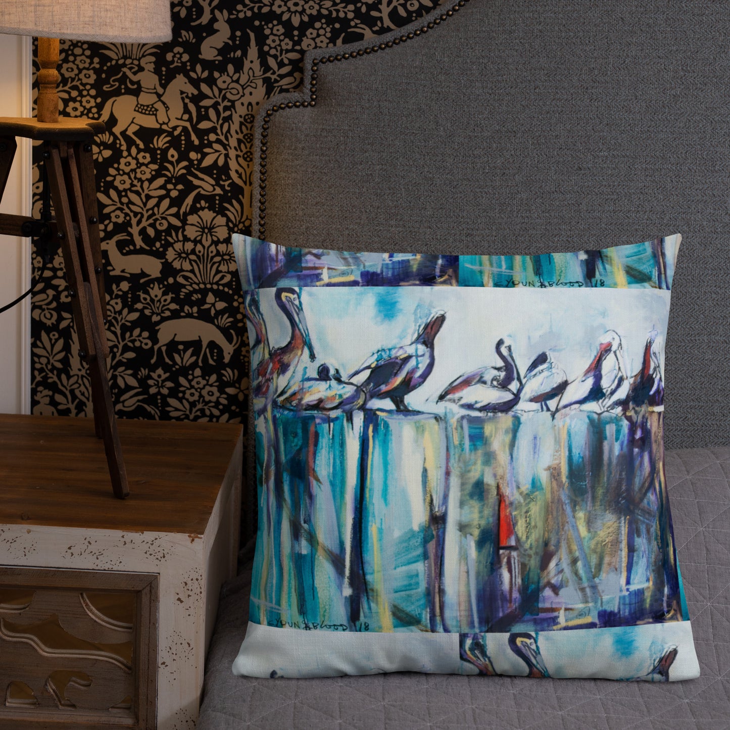 Bold Pelicans on the Pier Premium Pillow