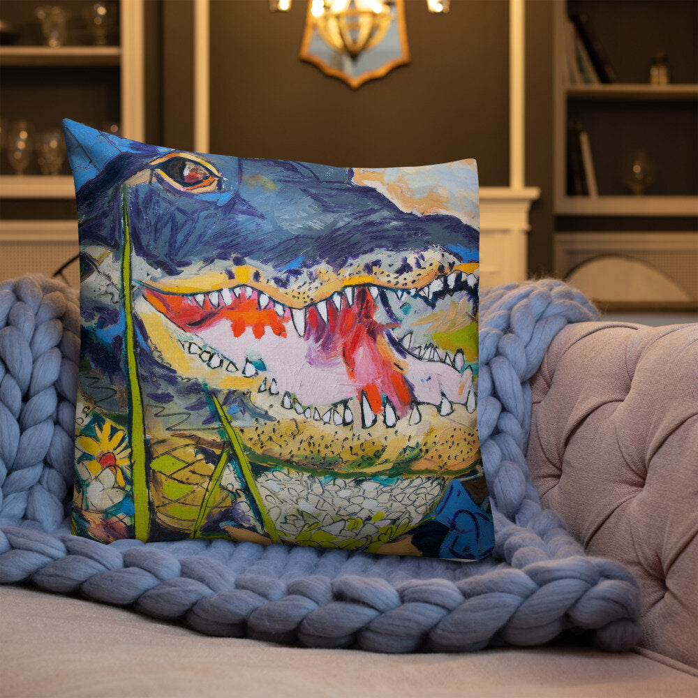 Cropped Gator with Wildflowers Premium Pillow