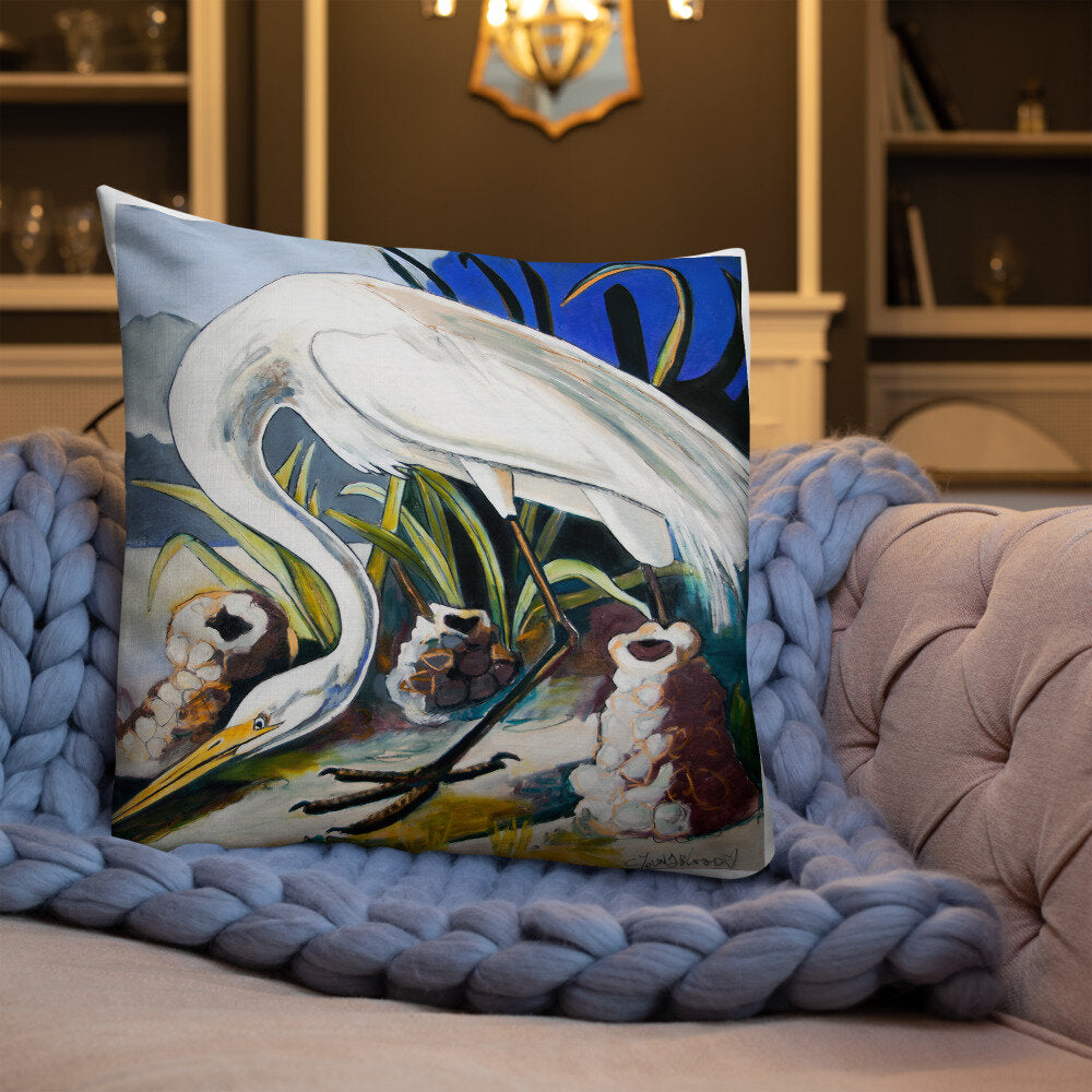 White Heron with Crawfish Piles Premium Pillow