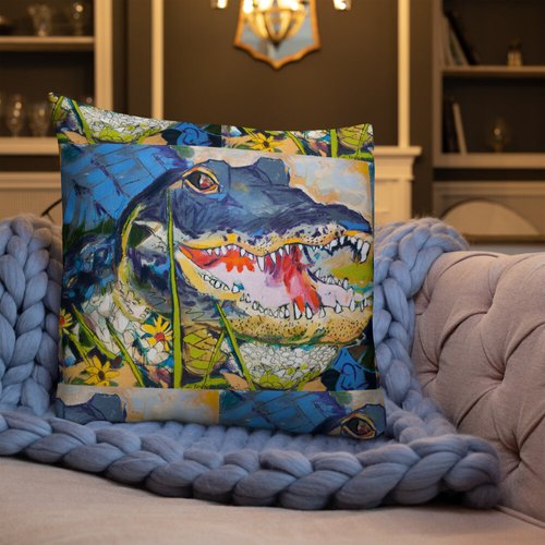 Gator with Wildflowers Pattern Premium Pillow