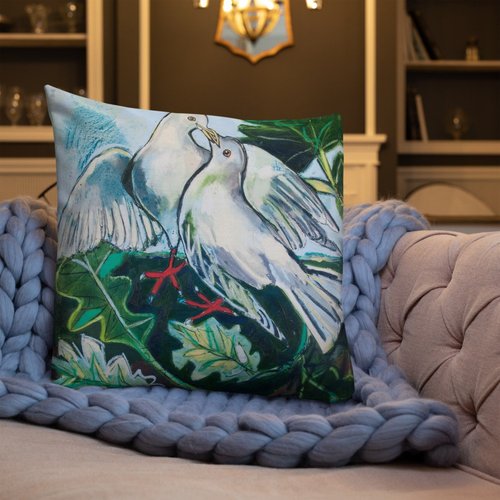 Doves in Abstract Landscape Premium Pillow