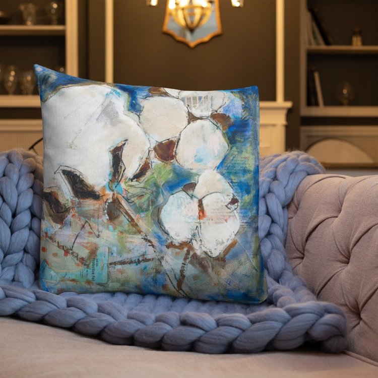 Vintage Cotton Collage with Denim Blue II Premium Pillow
