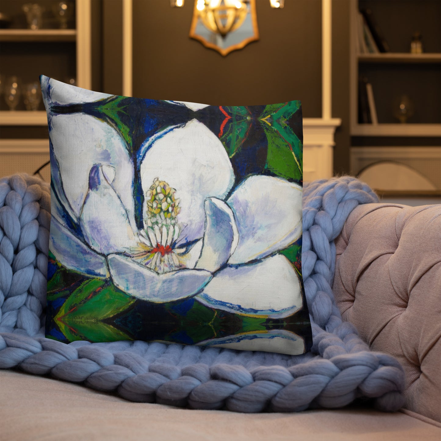 Bold Magnolia with Red Center Premium Pillow