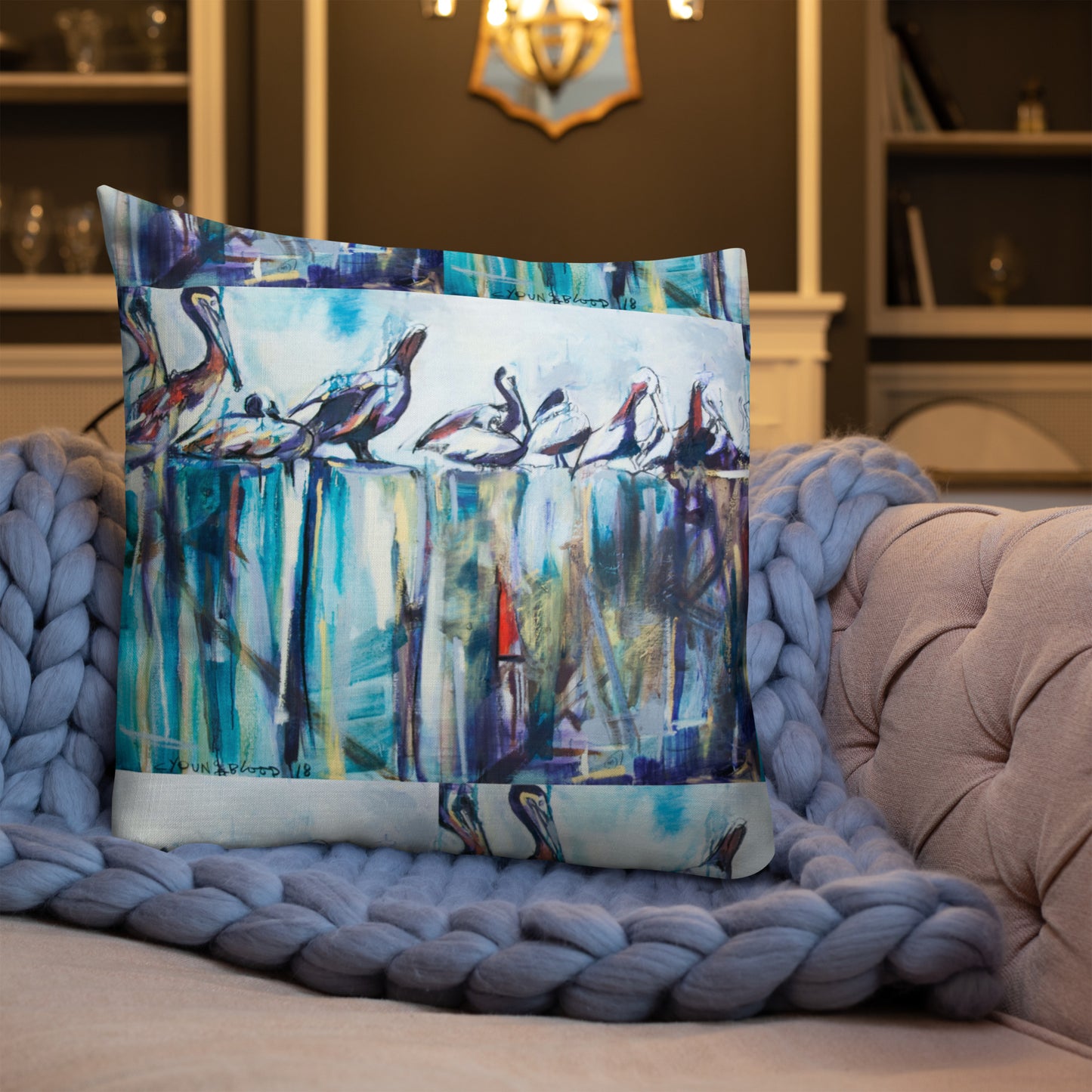 Bold Pelicans on the Pier Premium Pillow