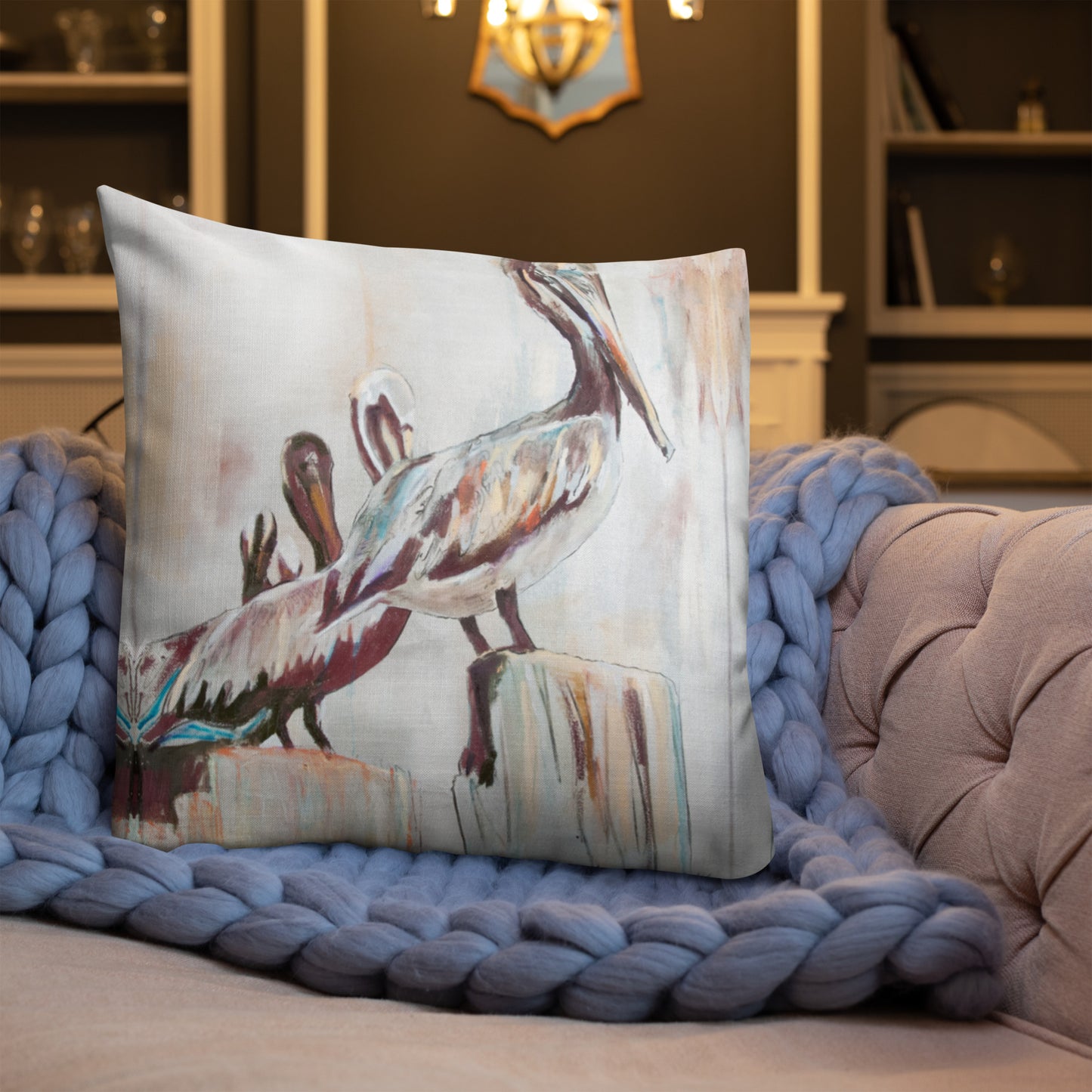 Pelicans in the Fog with Metallic Silver Premium Pillow