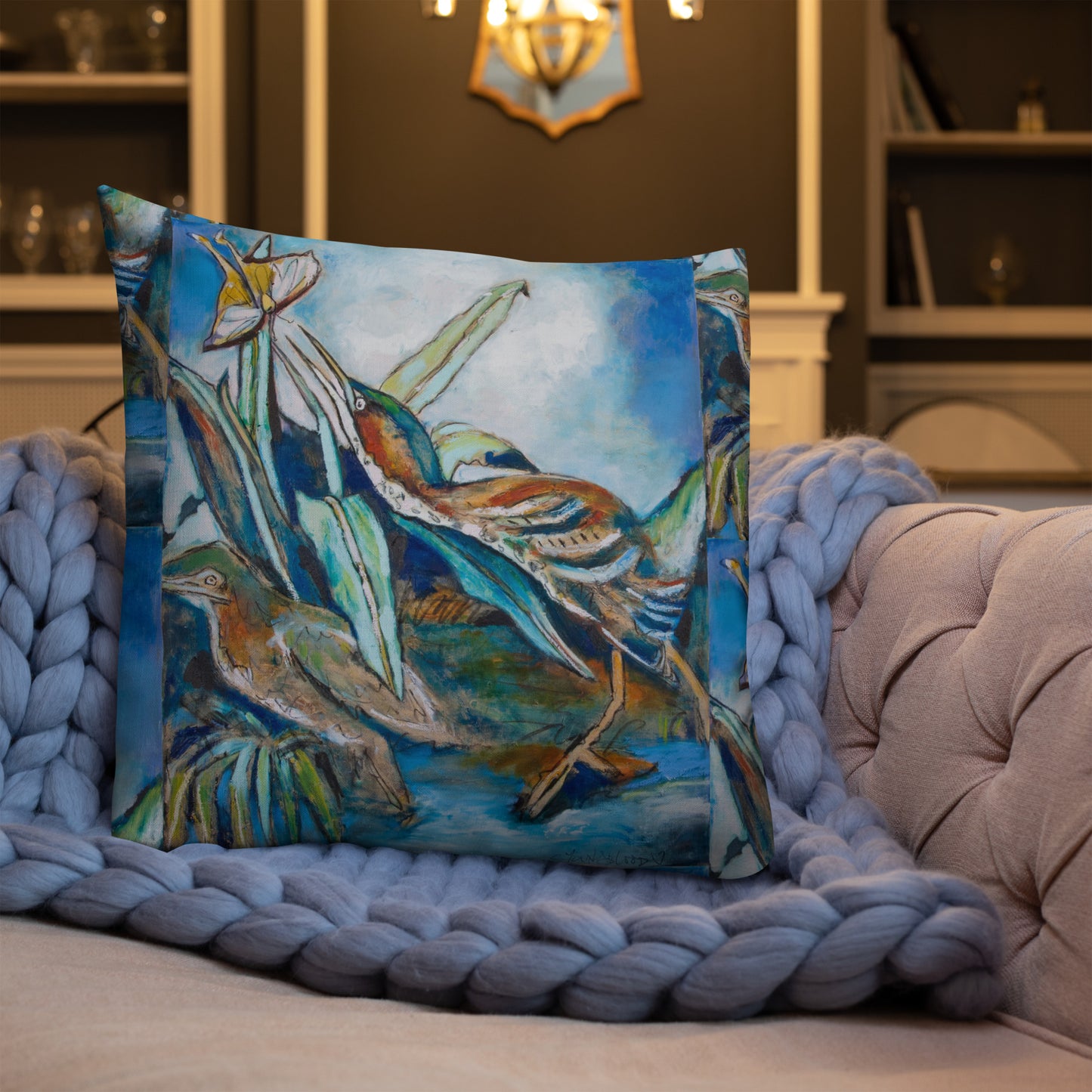 Green Herons Chasing Butterfly Premium Pillow