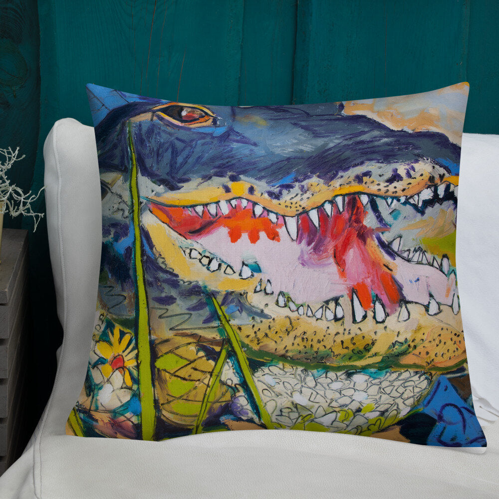 Cropped Gator with Wildflowers Premium Pillow