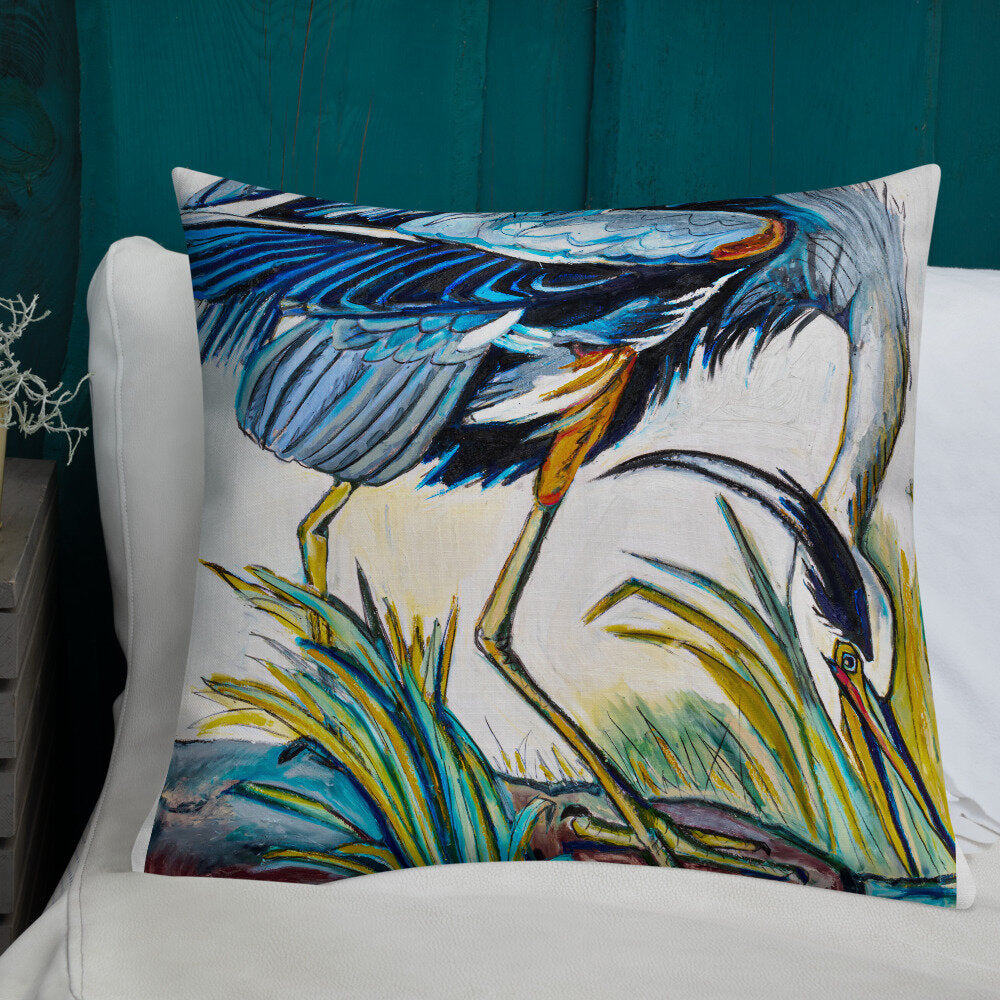 Blue Heron Catching Fish Premium Pillow