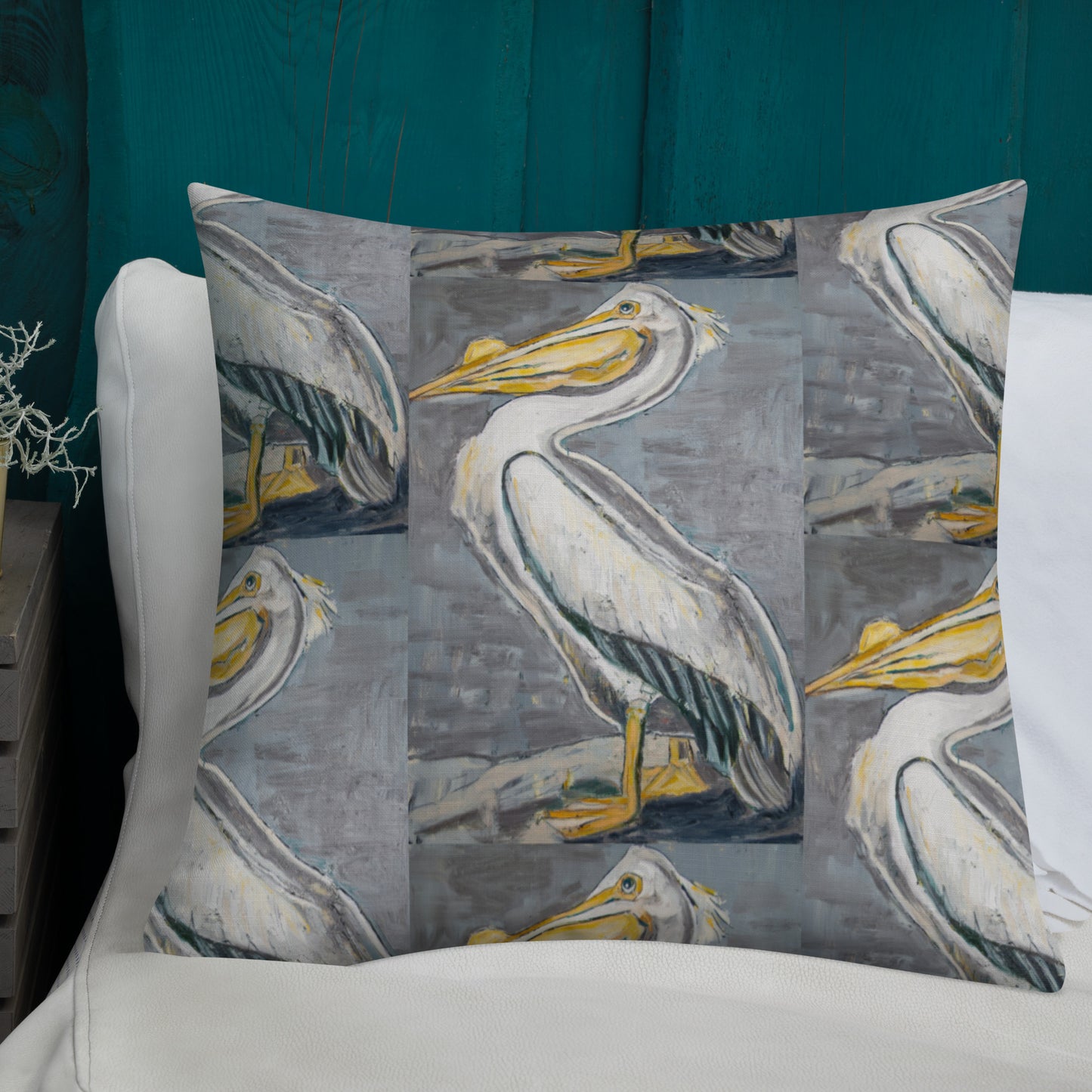 White Pelican with Silver Premium Pillow