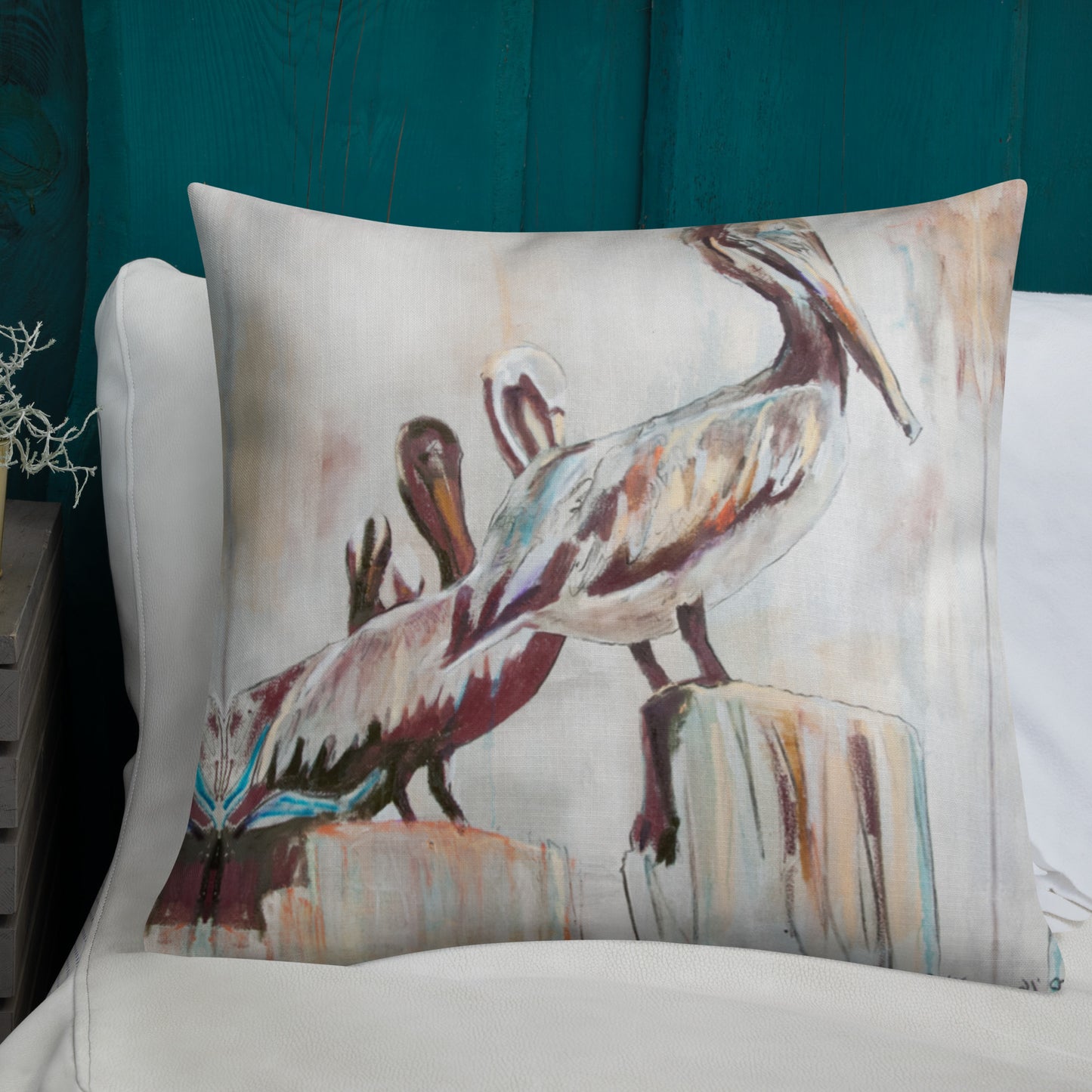 Pelicans in the Fog with Metallic Silver Premium Pillow