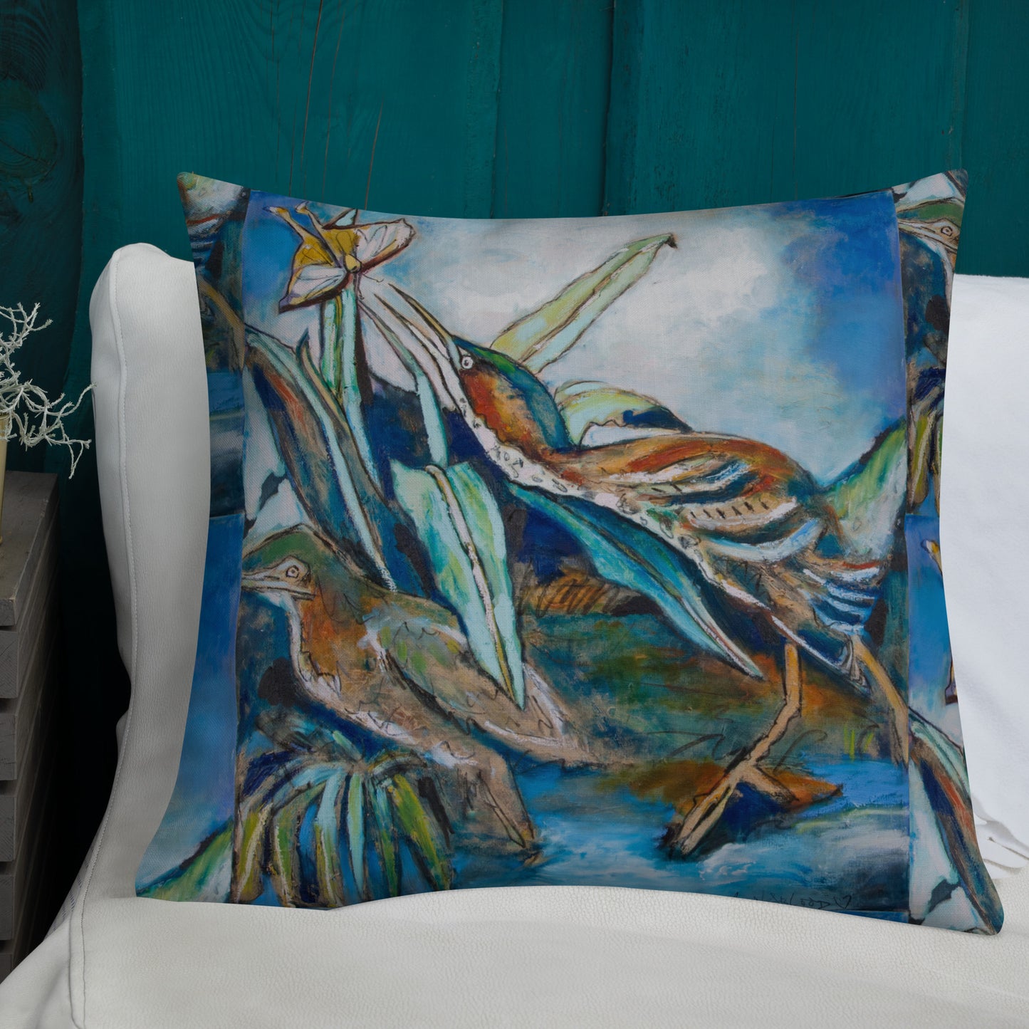 Green Herons Chasing Butterfly Premium Pillow