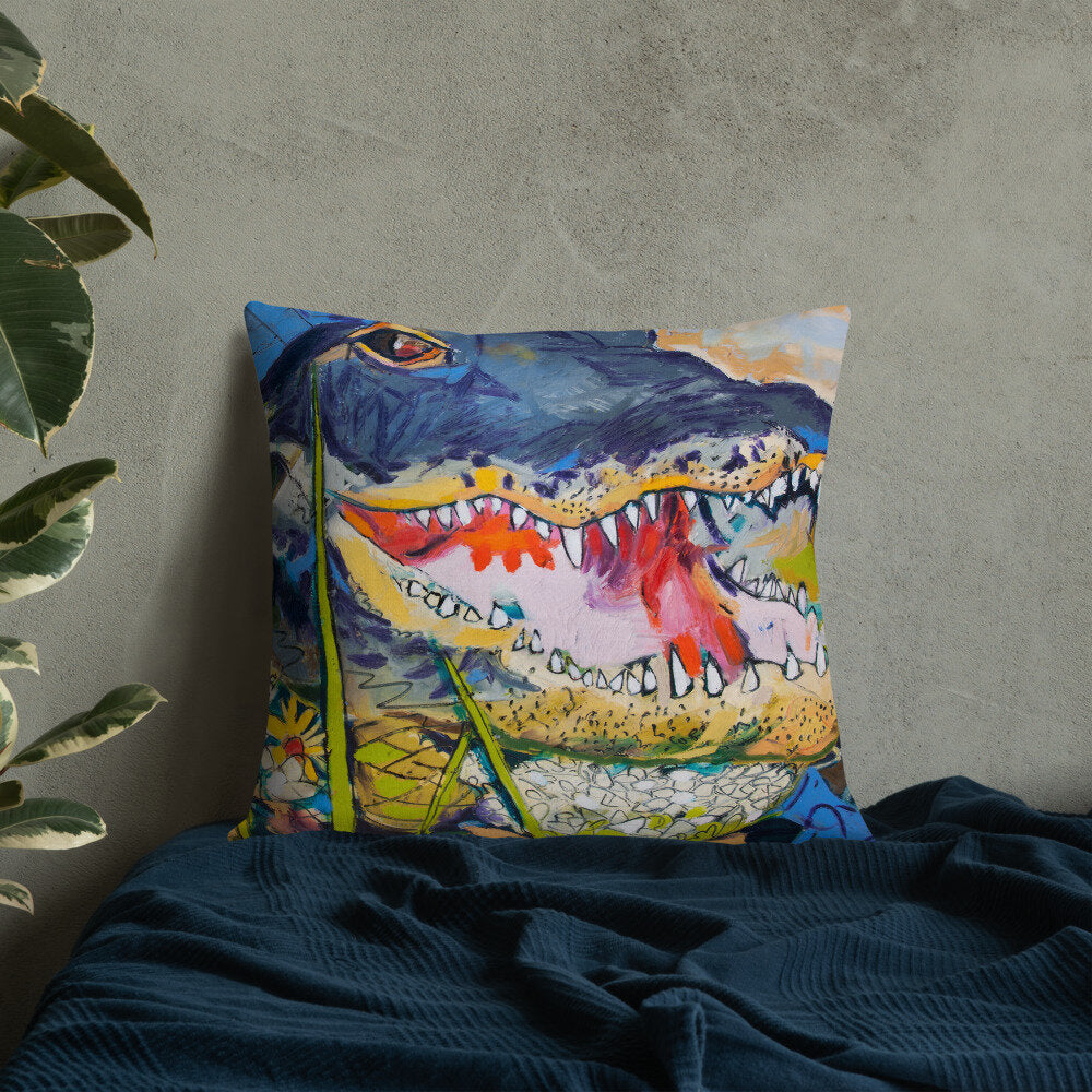 Cropped Gator with Wildflowers Premium Pillow