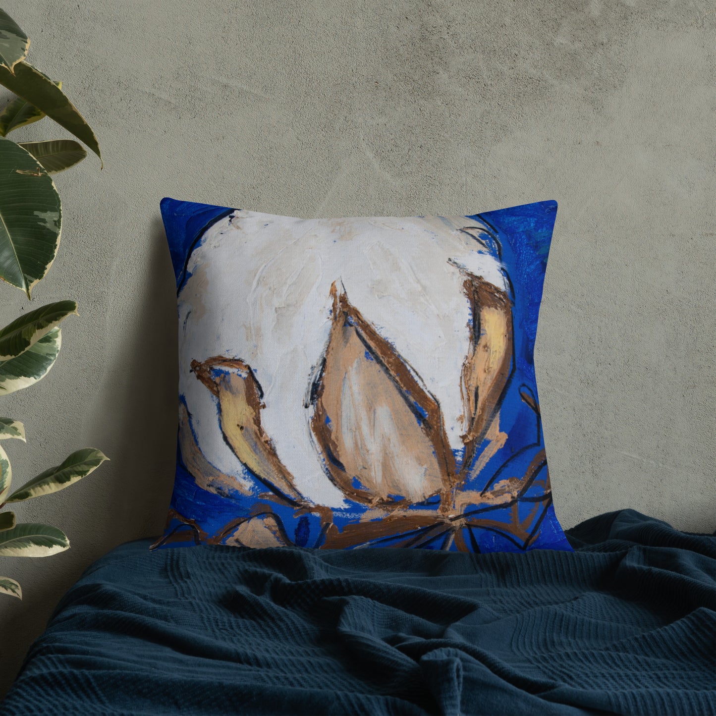 Cobalt Blue Cotton Boll II Premium Pillow