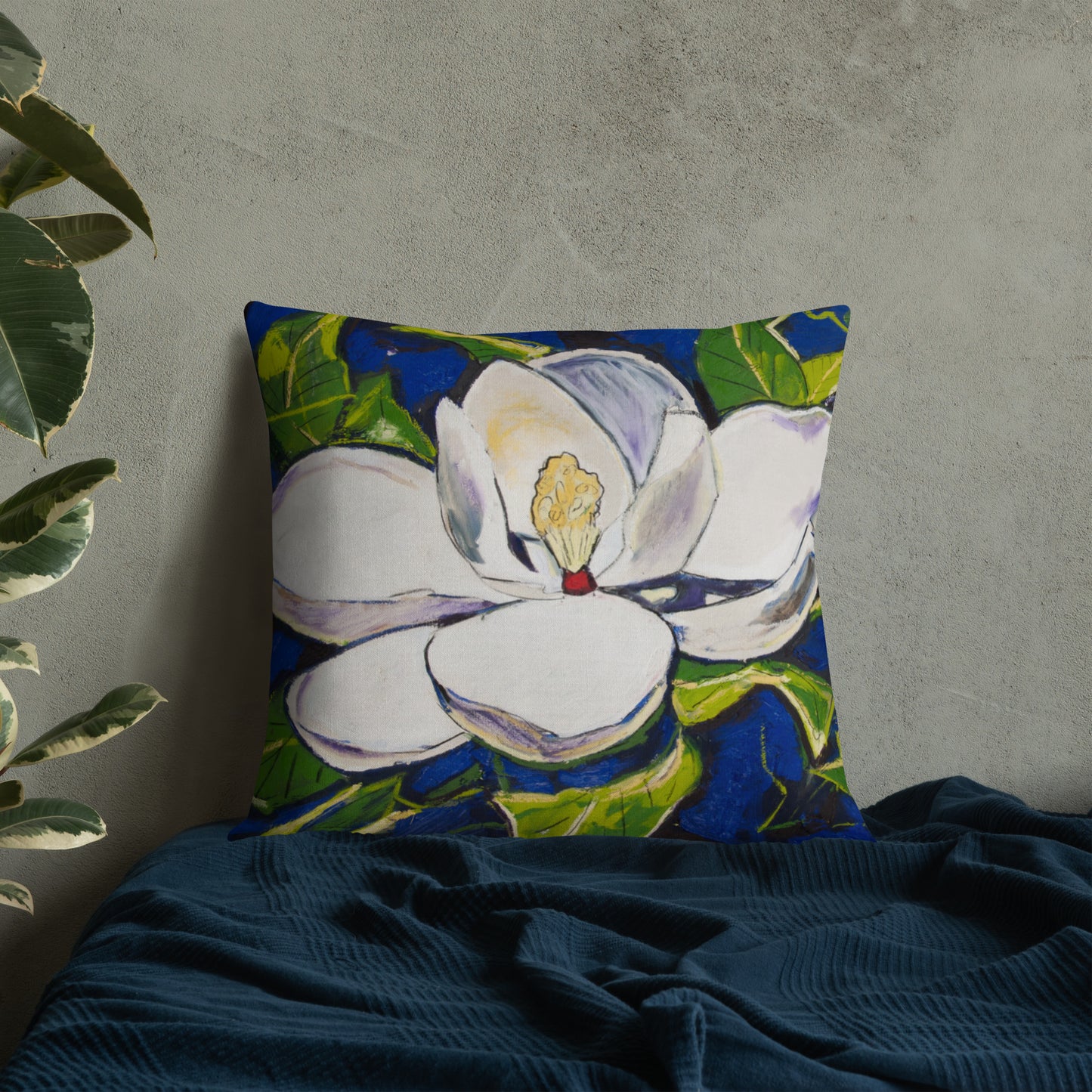Magnolia with Cobalt Blue Shadows Premium Pillow