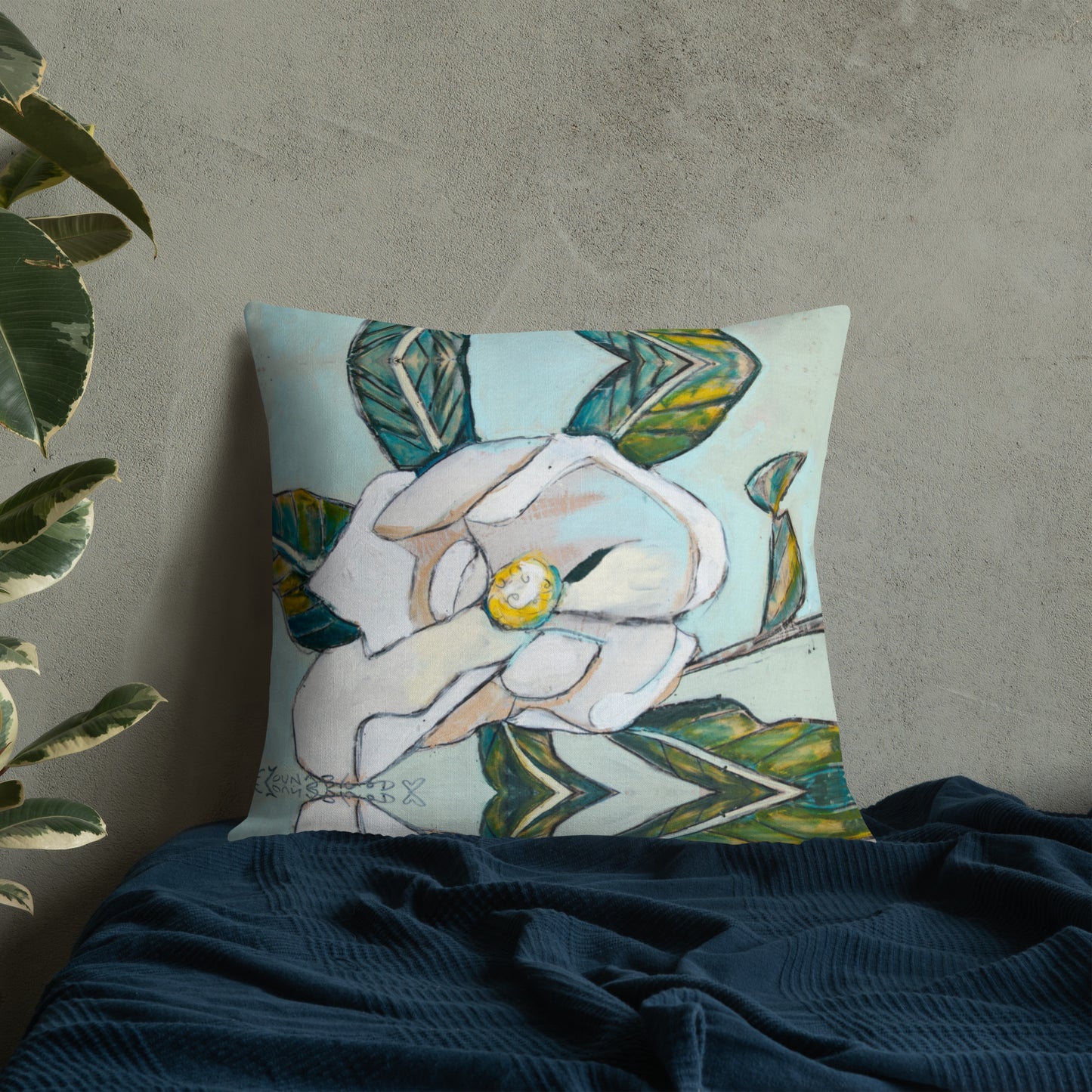 Magnolia with Soft Teal Premium Pillow