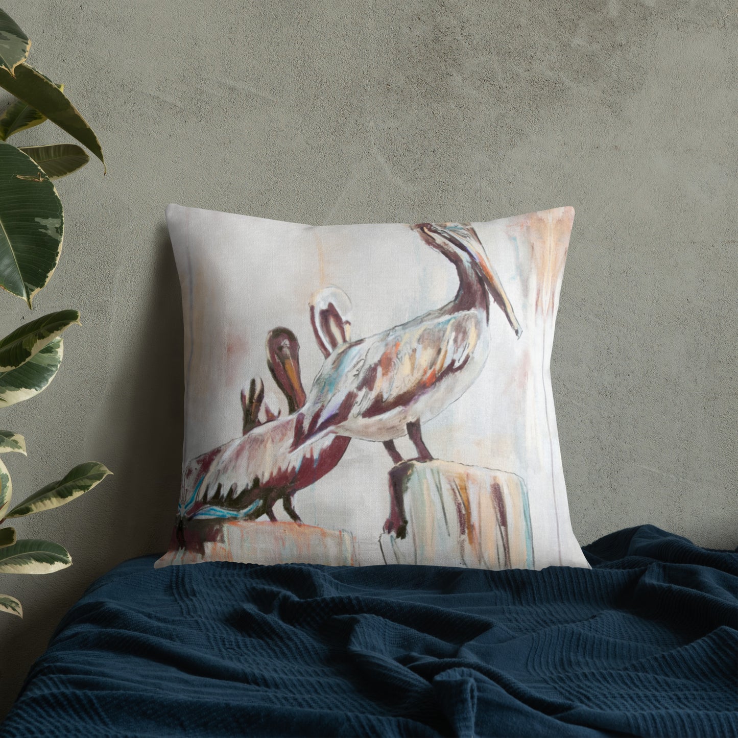 Pelicans in the Fog with Metallic Silver Premium Pillow