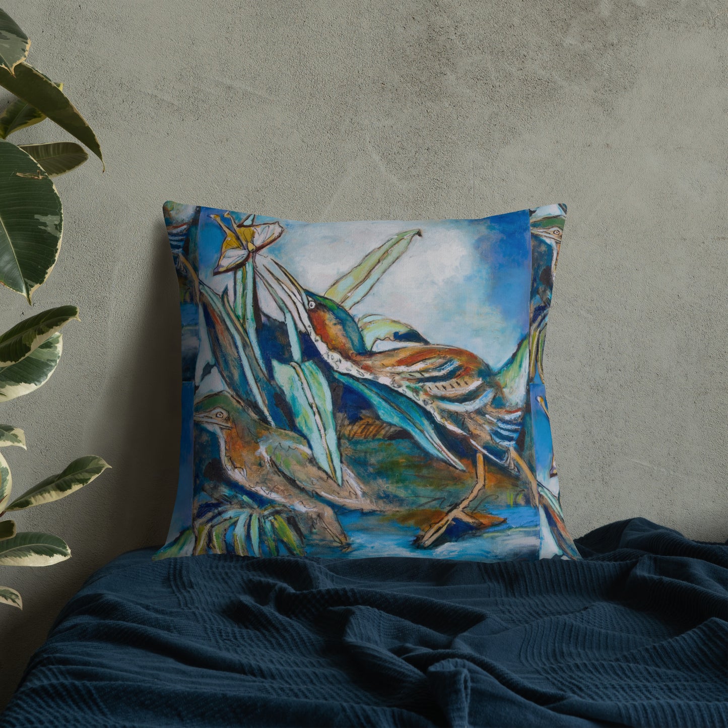 Green Herons Chasing Butterfly Premium Pillow