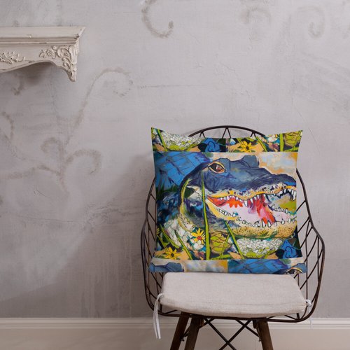 Gator with Wildflowers Pattern Premium Pillow