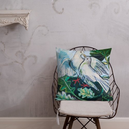 Doves in Abstract Landscape Premium Pillow