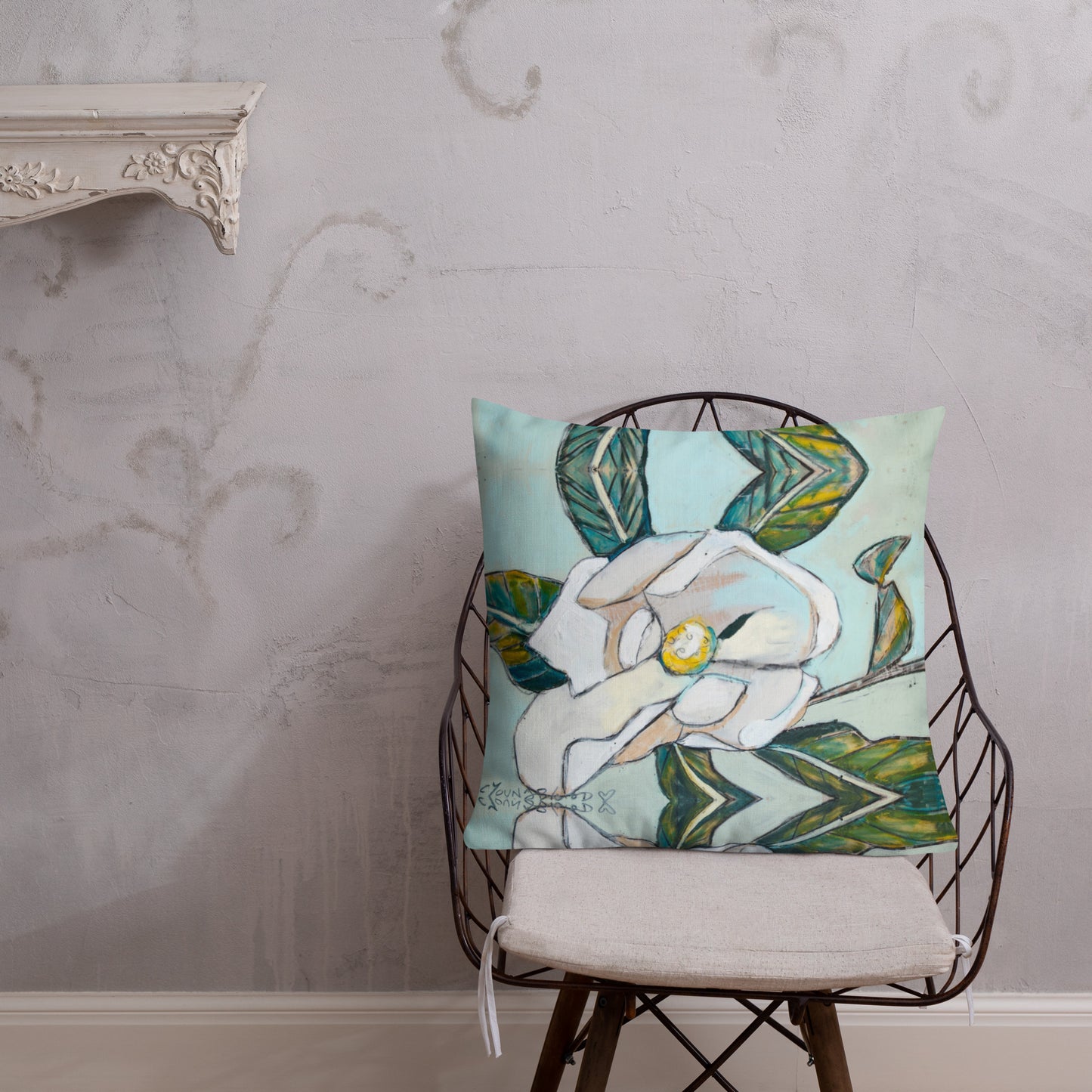 Magnolia with Soft Teal Premium Pillow