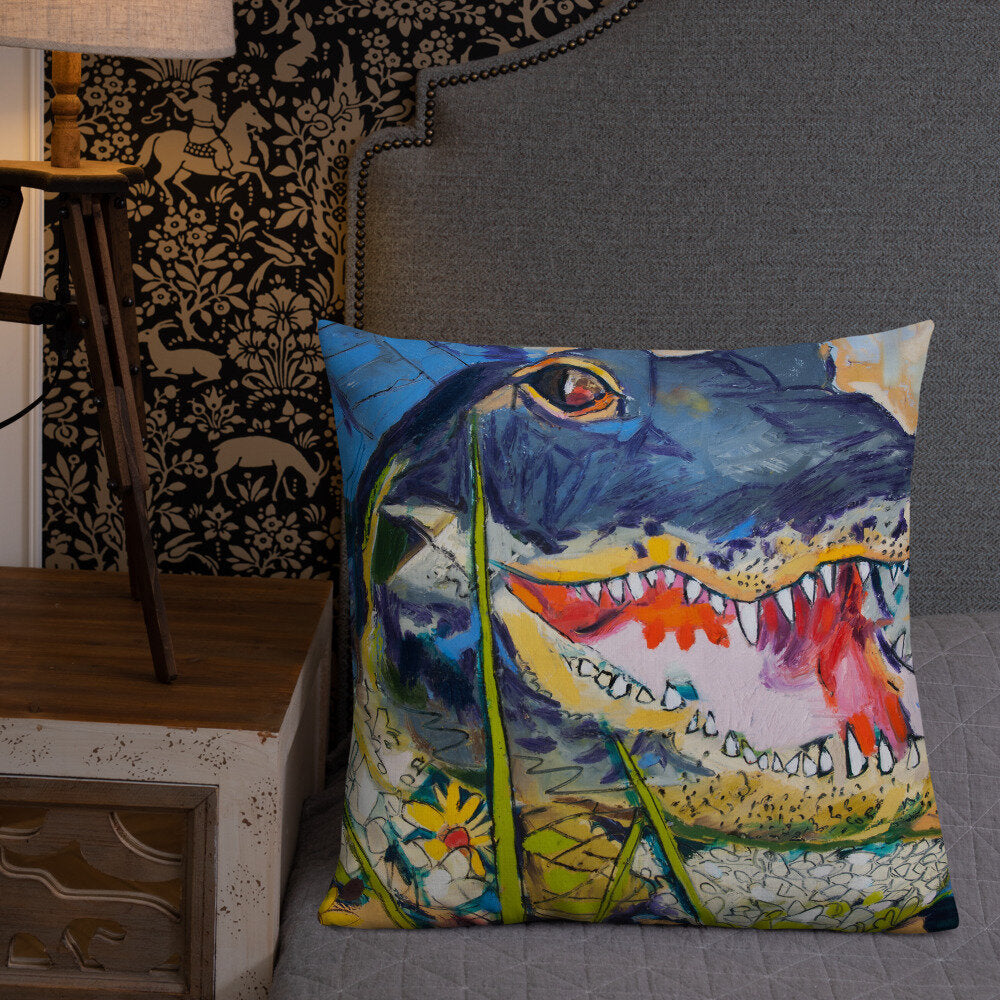 Cropped Gator with Wildflowers Premium Pillow