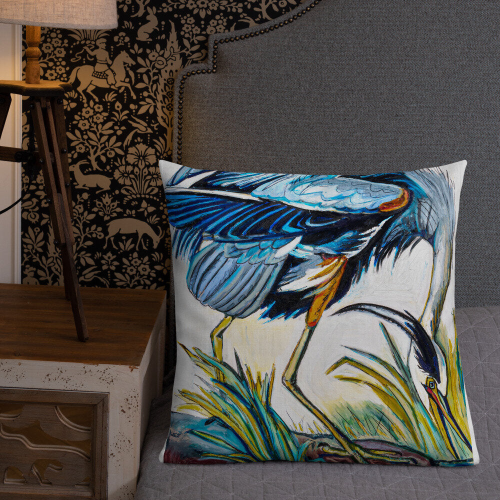 Blue Heron Catching Fish Premium Pillow