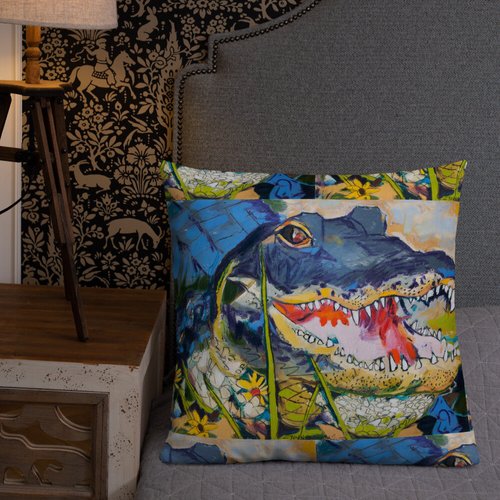 Gator with Wildflowers Pattern Premium Pillow