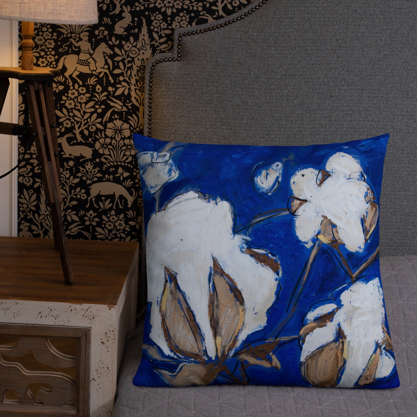 Cobalt Blue Cotton Stalks Premium Pillow