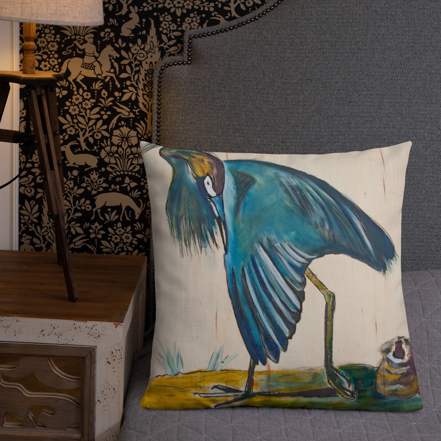 Blue Heron Showing Wing on Wood Premium Pillow