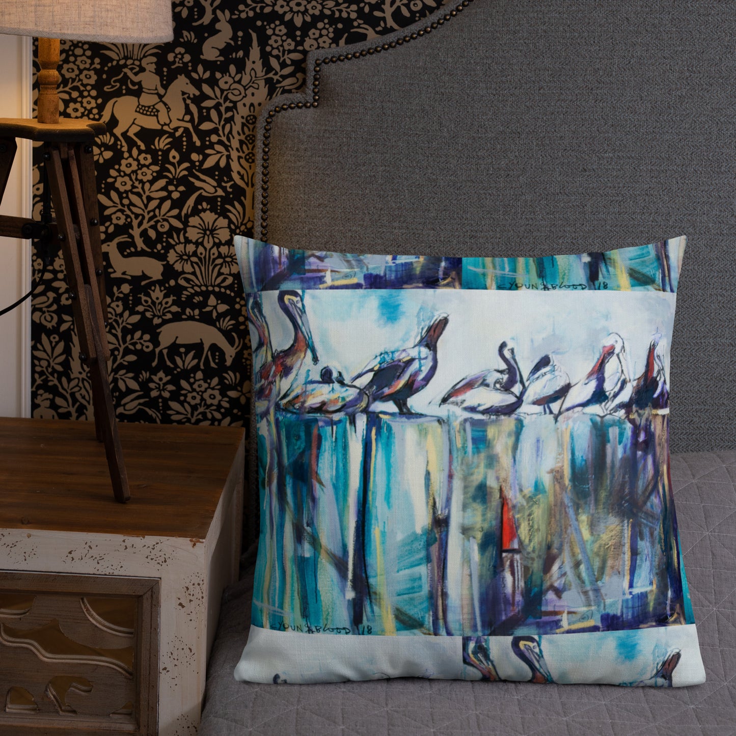 Bold Pelicans on the Pier Premium Pillow