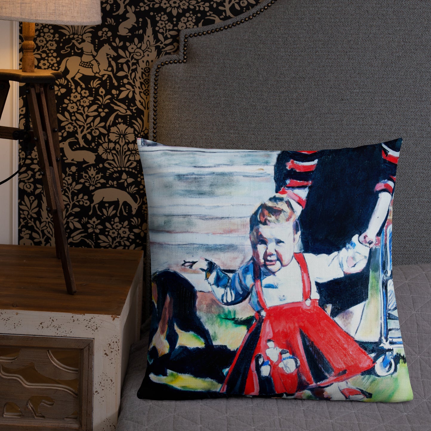 Vintage Mother with Baby in Red Dress Premium Pillow