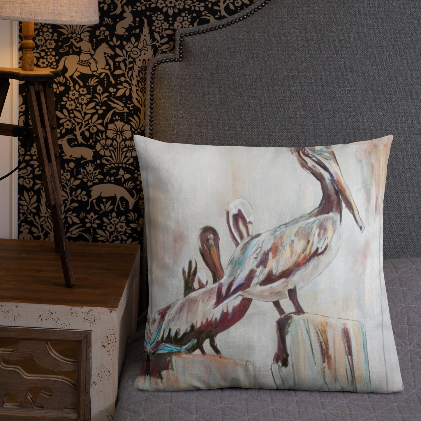 Pelicans in the Fog with Metallic Silver Premium Pillow