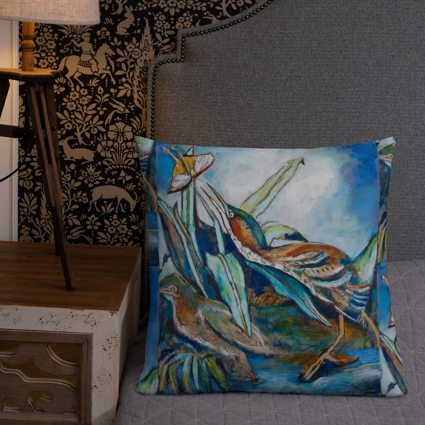 Green Herons Chasing Butterfly Premium Pillow