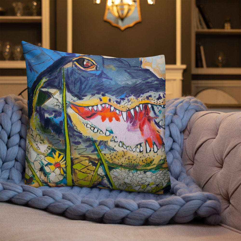 Cropped Gator with Wildflowers Premium Pillow