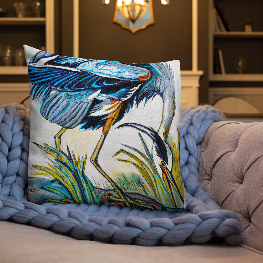 Blue Heron Catching Fish Premium Pillow