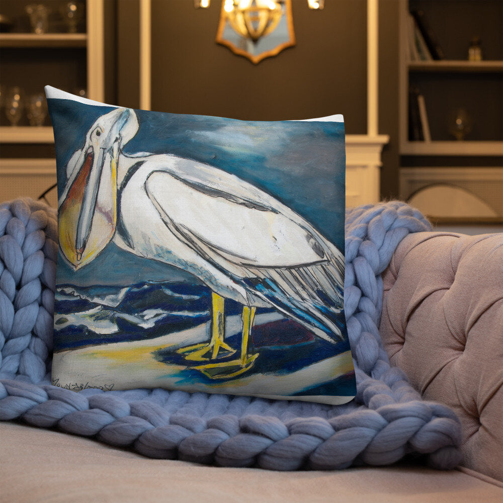 White Pelican on the Shore Premium Pillow