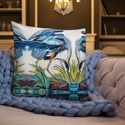 Blue Heron Catching Fish Pattern Premium Pillow