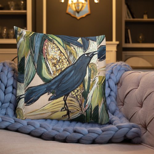 Grackle with Corn Pattern Premium Pillow