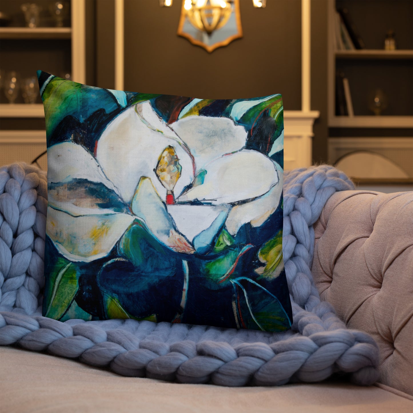 Teal Collage Magnolia Premium Pillow