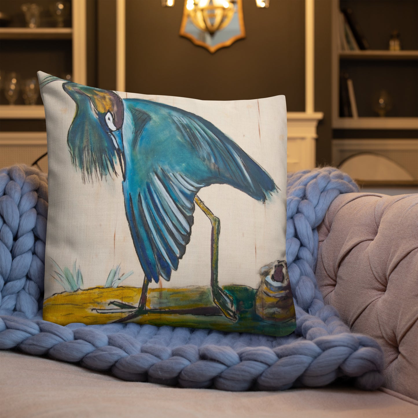 Blue Heron Showing Wing on Wood Premium Pillow