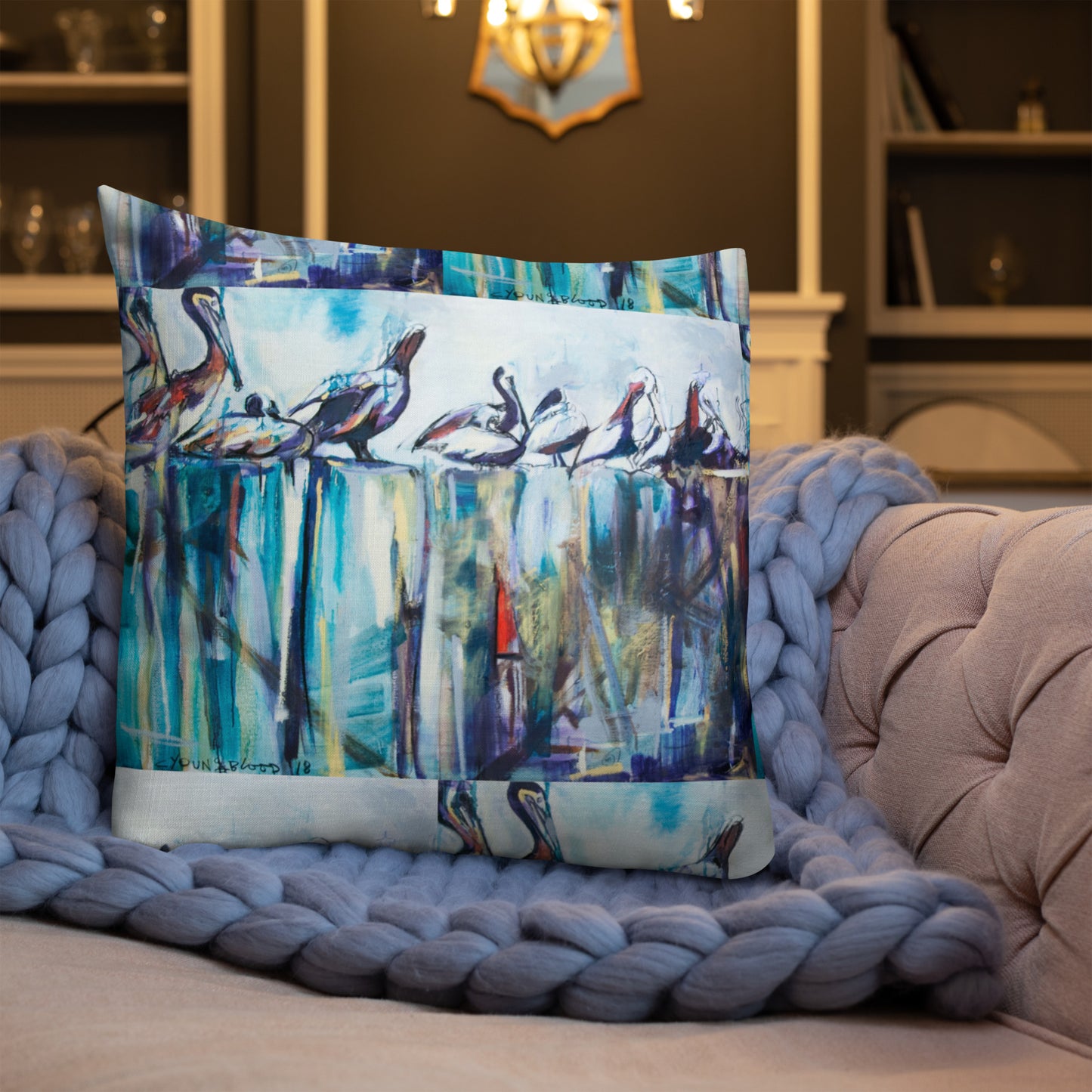 Bold Pelicans on the Pier Premium Pillow