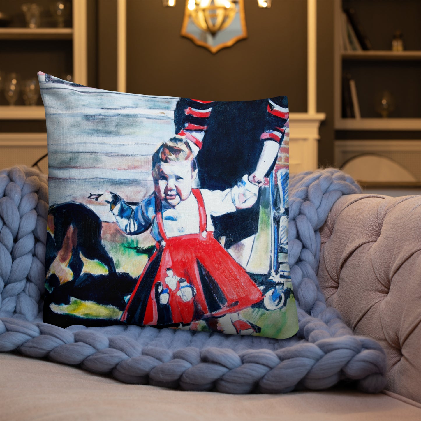 Vintage Mother with Baby in Red Dress Premium Pillow