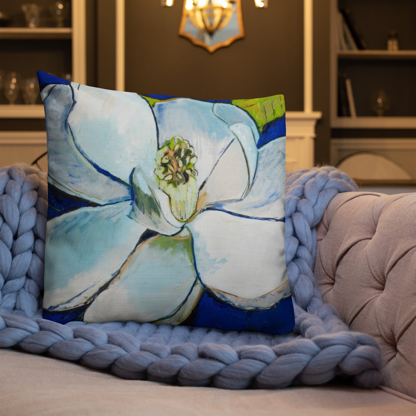 Indigo Magnolia with Cobalt Blue Premium Pillow