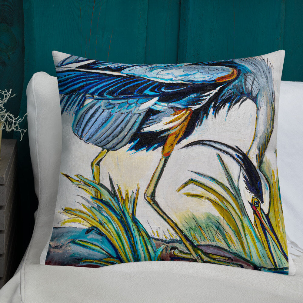 Blue Heron Catching Fish Premium Pillow