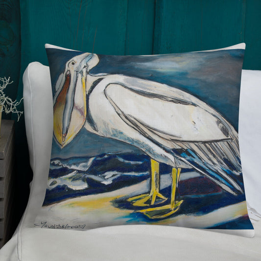 White Pelican on the Shore Premium Pillow