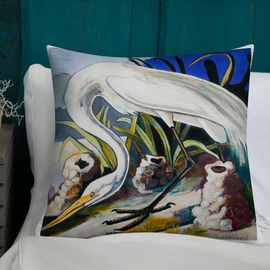 White Heron with Crawfish Piles Premium Pillow