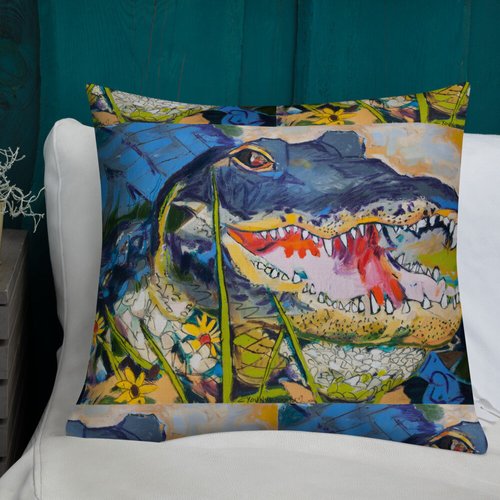 Gator with Wildflowers Pattern Premium Pillow