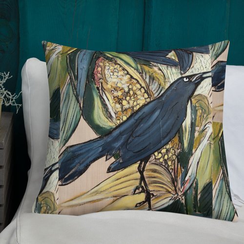 Grackle with Corn Pattern Premium Pillow