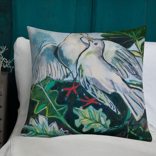 Doves in Abstract Landscape Premium Pillow