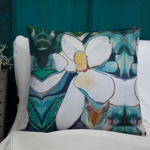 Vertical Magnolia with Teal Grey Premium Pillow